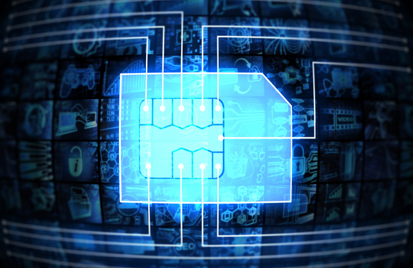 A digitalised SIM card with various lines extending from the chip. Behind the SIM card are various squares of images relating to technology.